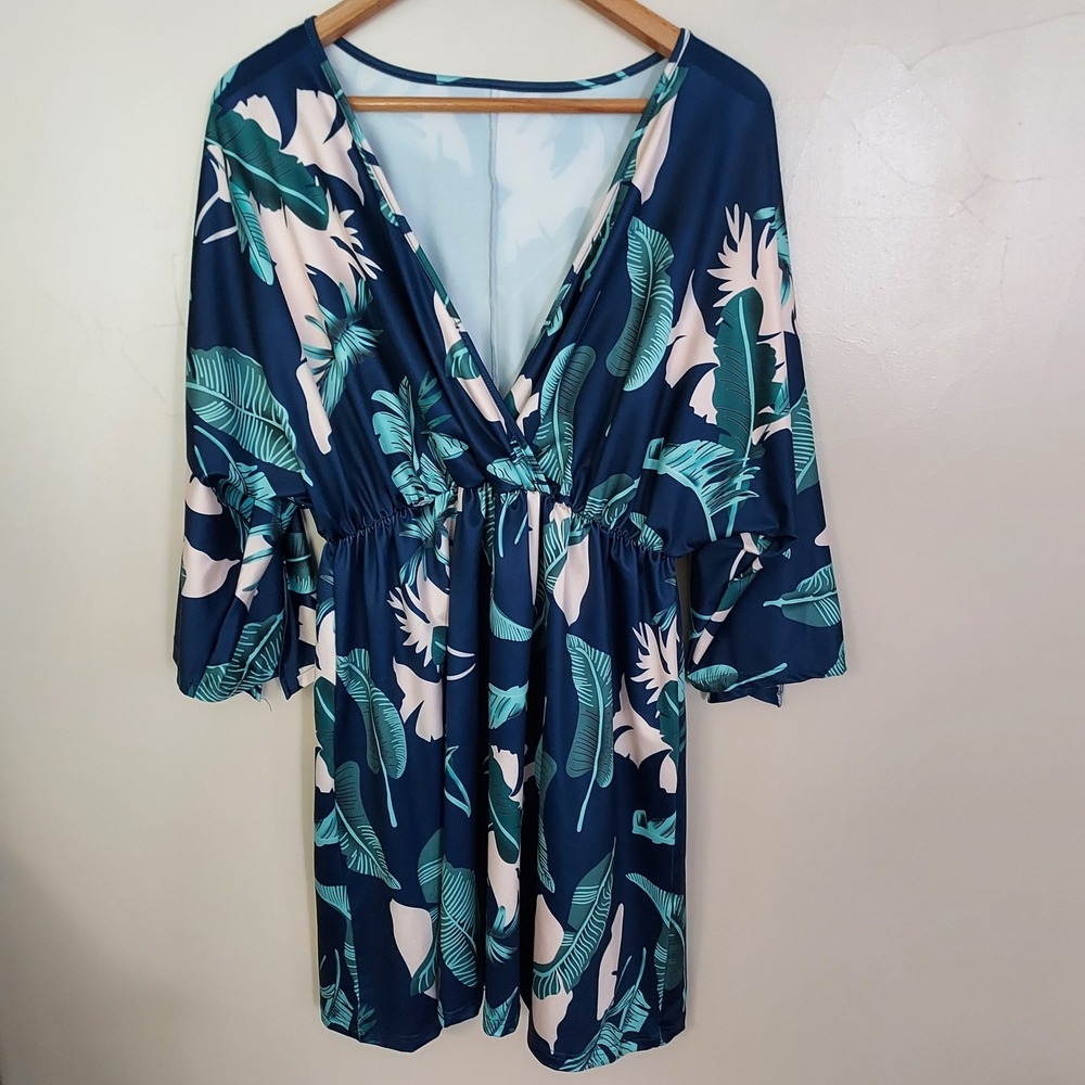 Tropical Palm Leaf Dolman Mini Dress Navy Blue Green 2XL Kimono Faux Wrap
